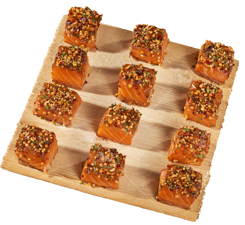 Saumon fumé à chaud - petit fours - portions de +/-350gr  (15pc) [Prix au Kilo]